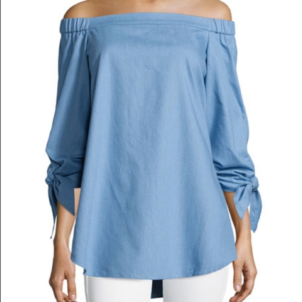 Tibi Tie-Sleeve Chambray Off-the-Shoulder Tunic Brilliant Denim 0